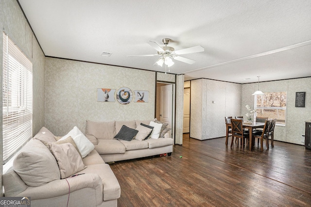 living room featuring ceiling fan, crown molding, and dark wood-style flooring