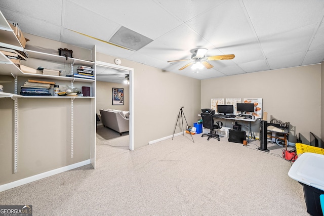 office featuring carpet floors, a drop ceiling, a ceiling fan, and baseboards