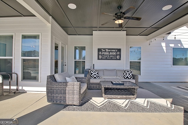 view of patio featuring an outdoor hangout area and ceiling fan