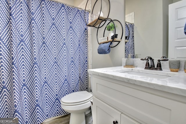 full bath featuring wood finished floors, vanity, and toilet