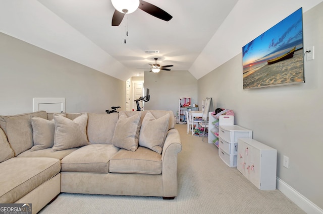 living area featuring lofted ceiling, light colored carpet, visible vents, and baseboards