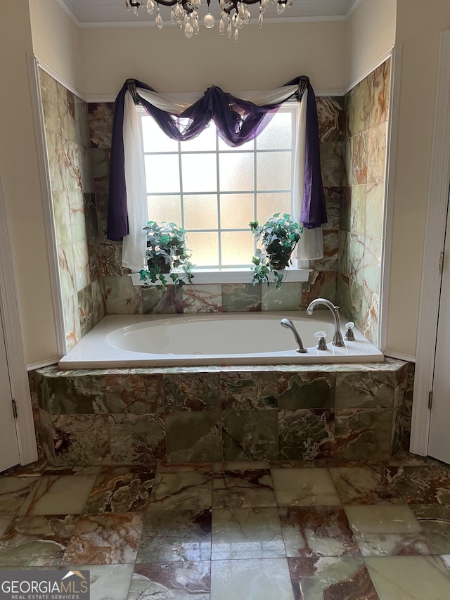 full bath with a bath, a wealth of natural light, and ornamental molding