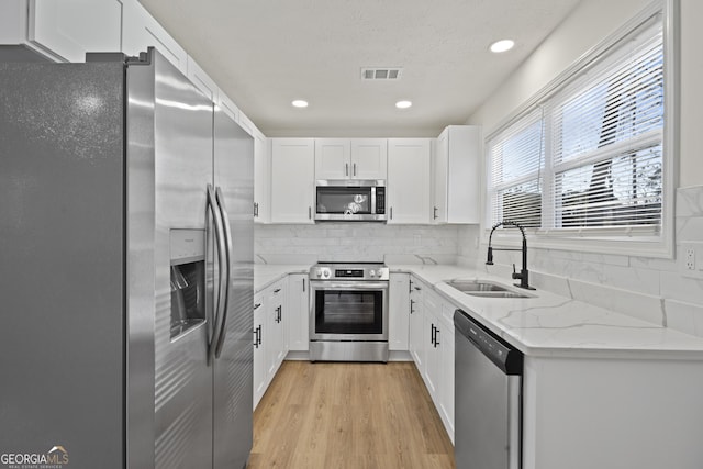 kitchen with appliances with stainless steel finishes, white cabinets, a sink, and light stone counters