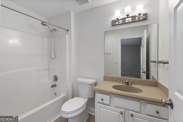 full bathroom featuring toilet, shower / washtub combination, visible vents, and vanity