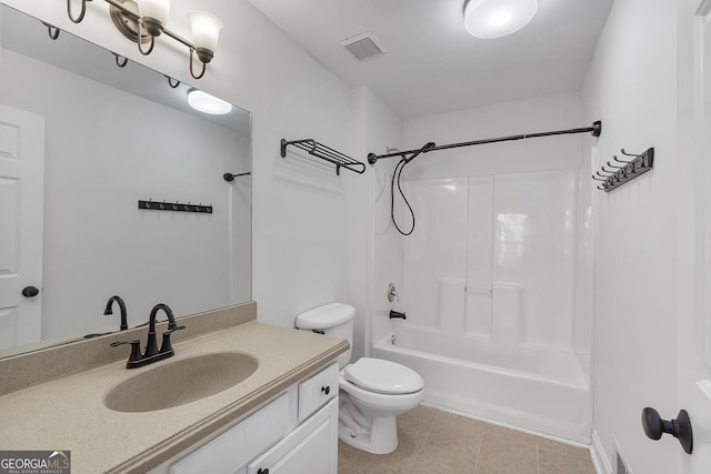 full bath with visible vents, bathing tub / shower combination, toilet, tile patterned flooring, and vanity