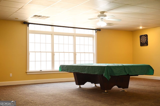 game room with ceiling fan, carpet floors, visible vents, and baseboards