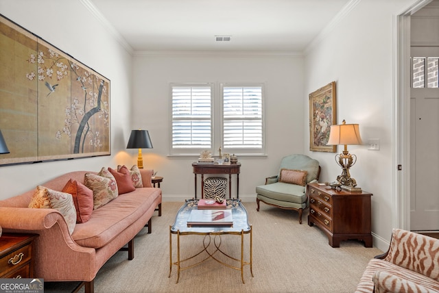 living area featuring ornamental molding, carpet flooring, and baseboards