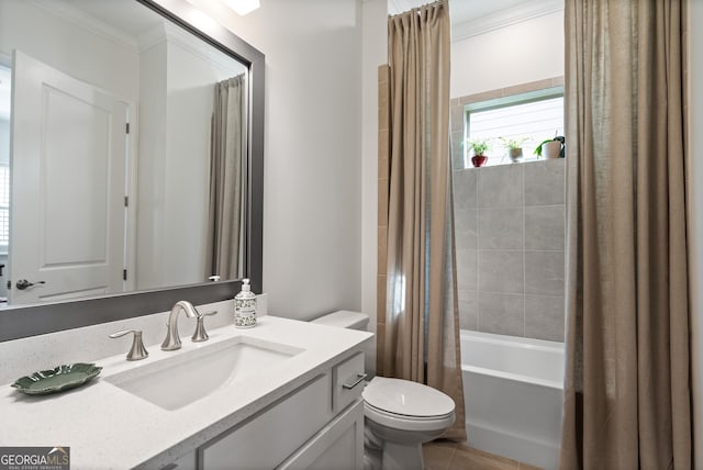 bathroom featuring ornamental molding, shower / bath combo, vanity, and toilet