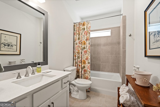 full bath featuring toilet, shower / tub combo, vanity, and tile patterned floors