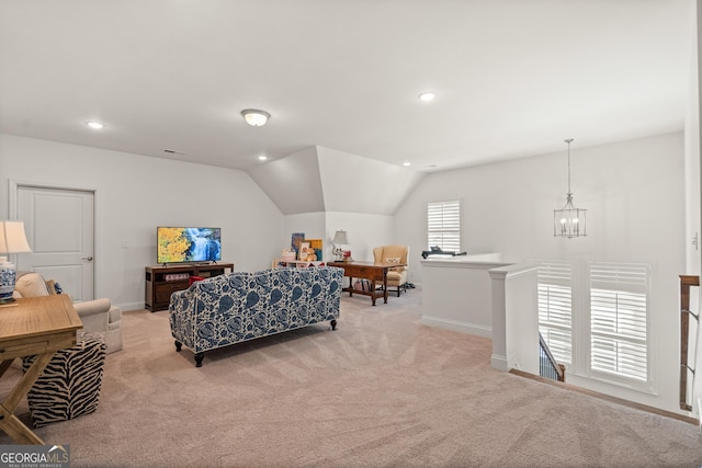 living area featuring a notable chandelier, lofted ceiling, recessed lighting, light colored carpet, and baseboards