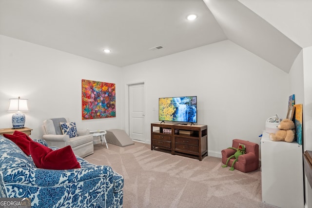 living area featuring carpet floors, visible vents, vaulted ceiling, and recessed lighting