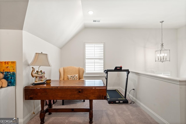 office area with carpet, visible vents, lofted ceiling, and baseboards