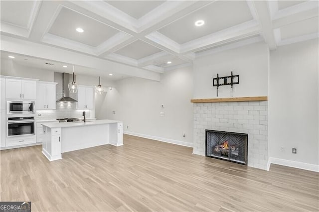 kitchen featuring stainless steel appliances, a fireplace, open floor plan, wall chimney exhaust hood, and light wood finished floors