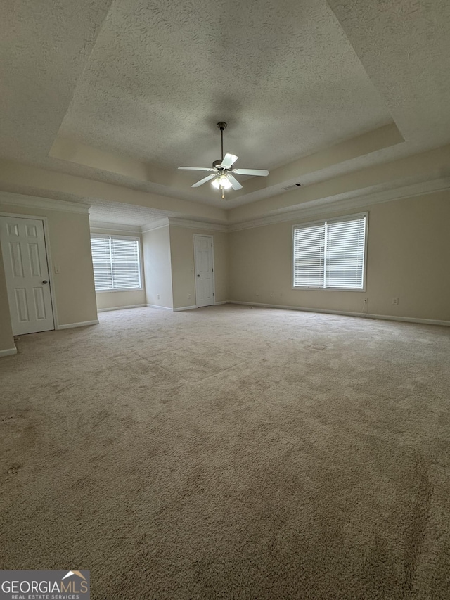 carpeted empty room with a raised ceiling, a textured ceiling, and baseboards