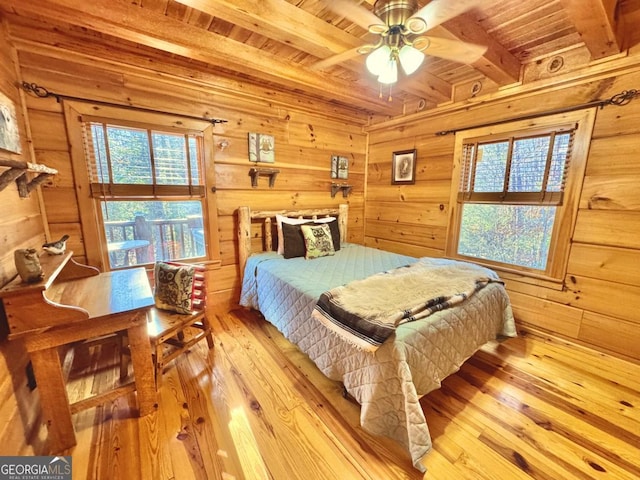 bedroom featuring light wood-style floors, beam ceiling, wooden ceiling, and wood walls