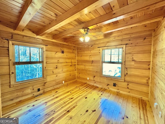 additional living space with plenty of natural light, beamed ceiling, wooden walls, and wood finished floors