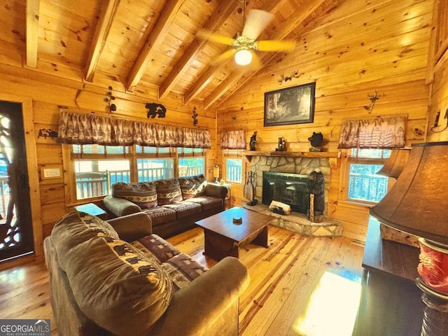 living room with vaulted ceiling with beams, wood walls, a fireplace, and wood finished floors