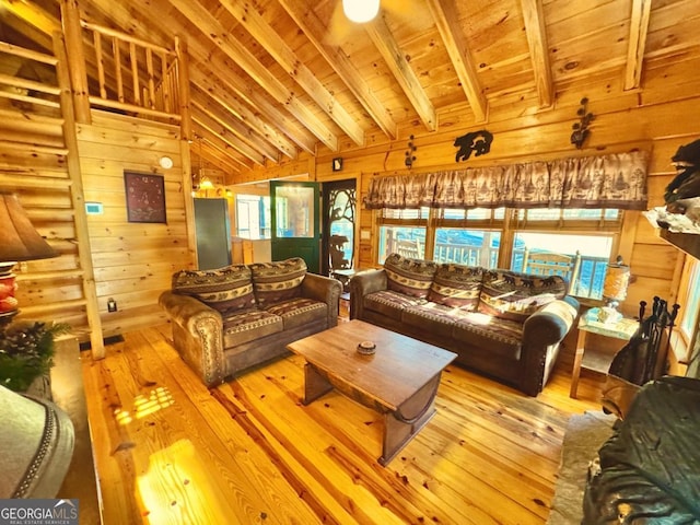 living area with light wood-style flooring, wooden ceiling, and wooden walls