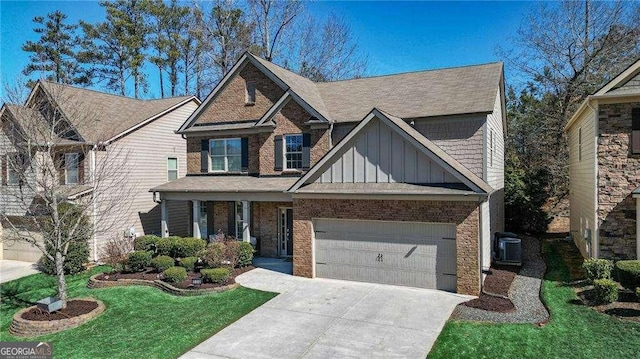 craftsman-style house with an attached garage, cooling unit, brick siding, driveway, and board and batten siding