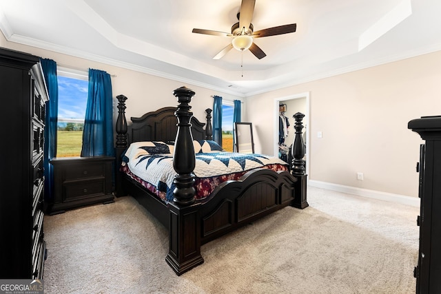 bedroom with a tray ceiling, light carpet, baseboards, and multiple windows