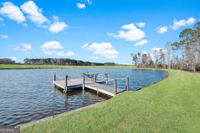 dock area with a water view and a lawn