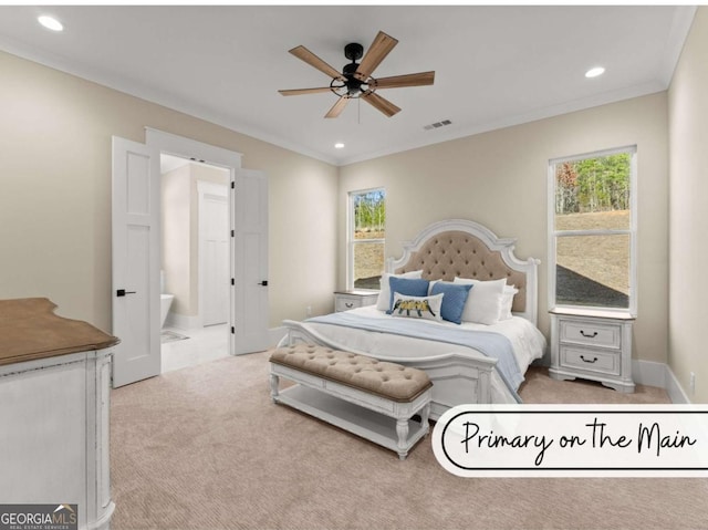 bedroom with visible vents, connected bathroom, light colored carpet, ornamental molding, and recessed lighting