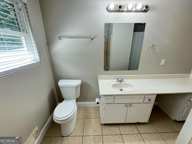 bathroom featuring toilet, visible vents, baseboards, vanity, and tile patterned floors