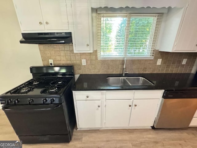 kitchen with gas stove, white cabinetry, a sink, dishwasher, and exhaust hood