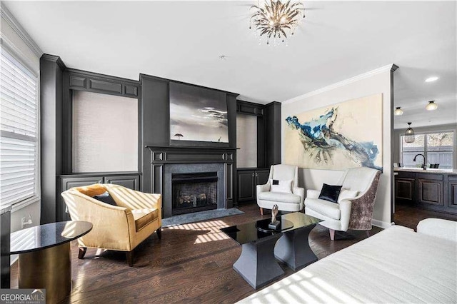 interior space with dark wood-style floors, a fireplace, ornamental molding, and a notable chandelier