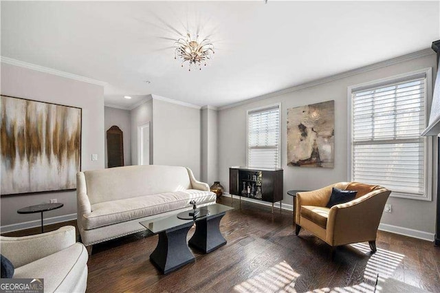 living area featuring ornamental molding, dark wood finished floors, and baseboards