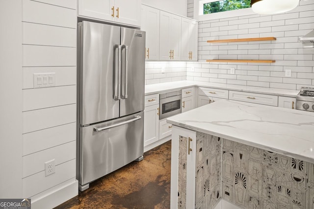 244 Locust St Unit B, Atlanta, GA 30317 - kitchen with high end refrigerator, open shelves, concrete flooring, and backsplash
