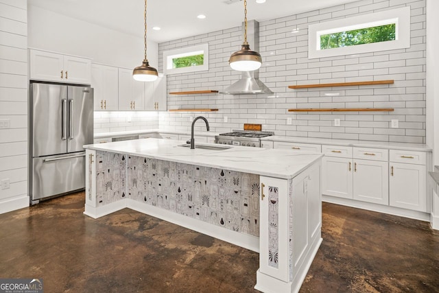 244 Locust St Unit B, Atlanta, GA 30317 - kitchen featuring high end fridge, a sink, finished concrete flooring, open shelves, and backsplash