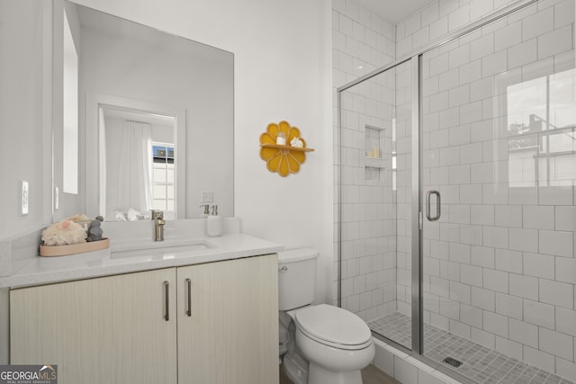 full bath featuring toilet, a shower stall, and vanity