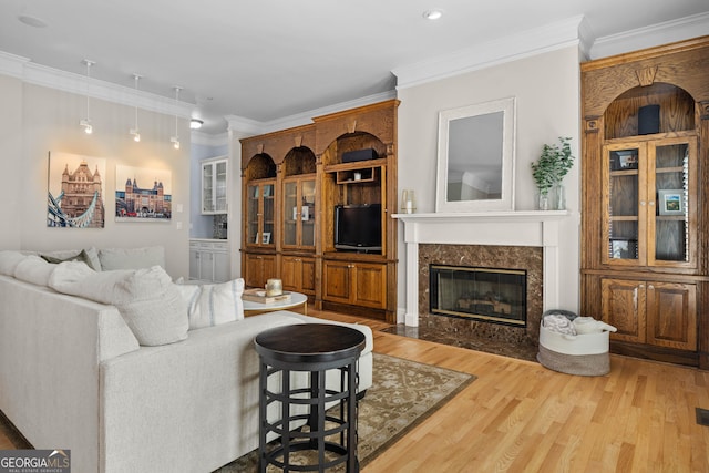 living area with a fireplace, wood finished floors, and crown molding