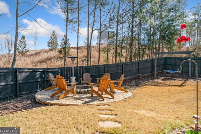 view of yard with a patio area, a fenced backyard, and a fire pit