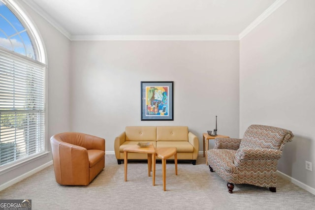 living area featuring light carpet, baseboards, and crown molding