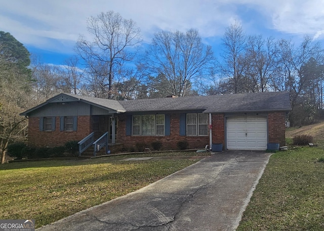 ranch-style home with a garage, driveway, brick siding, and a front yard