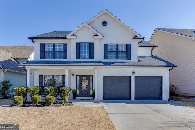 view of front of home with covered porch, a shingled roof, concrete driveway, and brick siding