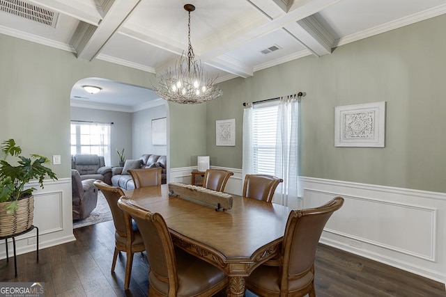 dining room with arched walkways, wainscoting, dark wood finished floors, and beam ceiling