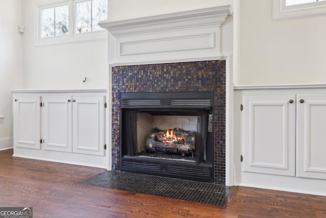 room details featuring a fireplace and wood finished floors