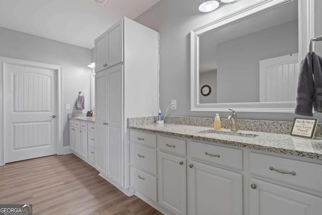 bathroom with wood finished floors and vanity