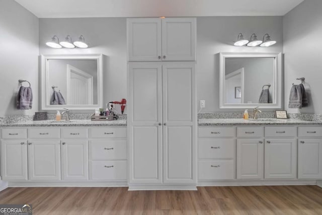 bathroom with a sink, double vanity, and wood finished floors