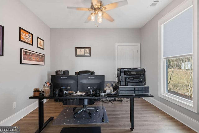 home office featuring visible vents, baseboards, and wood finished floors