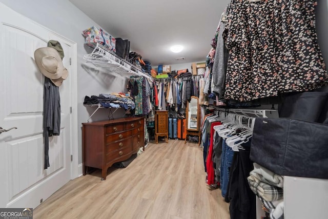 walk in closet with light wood-style flooring