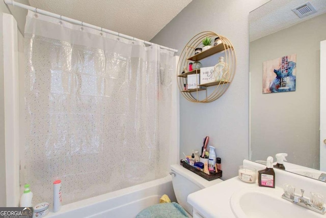 full bathroom featuring visible vents, toilet, shower / bathtub combination with curtain, a textured ceiling, and vanity