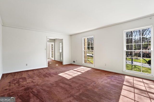 spare room featuring crown molding, carpet, a wealth of natural light, and baseboards