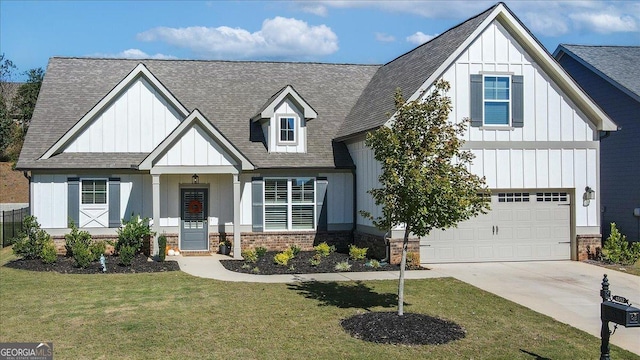 modern inspired farmhouse featuring brick siding, concrete driveway, board and batten siding, a garage, and a front lawn