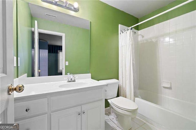 bathroom featuring visible vents, toilet, tile patterned flooring, shower / bath combination with curtain, and vanity