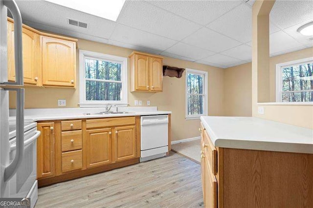 kitchen with white appliances, visible vents, light countertops, light wood-type flooring, and a sink