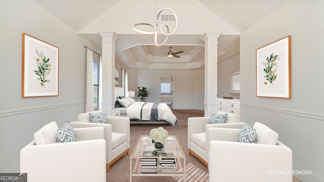 carpeted bedroom with lofted ceiling and decorative columns